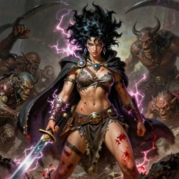 Savage battlescarred Saiyan warrior girl, cavewoman, wild spiky black electrified hair, pelt, torn clothing, savage cloak, scars of battle, bloody, electrical aura, scimitar, primeval fantasy, prehistoric fantasy, orcs, goblins attacking, 1980s pulp fantasy, art by Frank Frazetta and Boris Vallejo