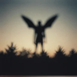 blurry analog photograph of a distinct figure in the sky who is the cryptid mothman above the treeline matte painting