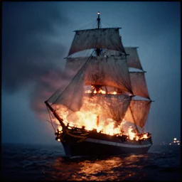 lomo photograph of a large sailing ship on fire, stormy, out of focus, embers, dramatic lighting, night, dark, grainy, fog