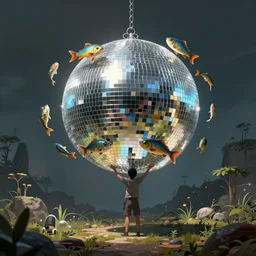 concept art from an indie video game about fish that can transform to a disco ball tending on artstation