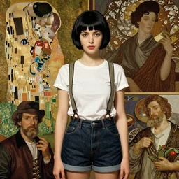 a girl with black hair pixie cut in shorts with suspenders drawn by norman rockwell, frank frazetta, peter paul rubens, alphonse mucha, gustav klimt 8k, 4k, unreal 5, DAZ, trending on artstation, octane render, hyperrealistic