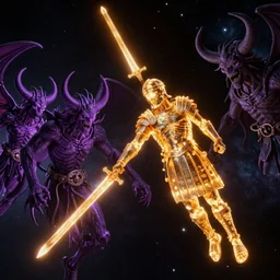 glowing roman soldiers floating in space with glowing golden swords fighting purple demons, full subject in frame, ultrawide angle