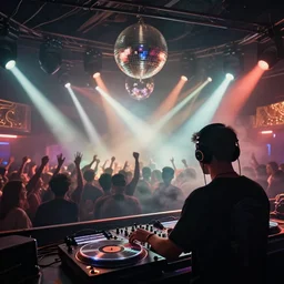 dj on stage spinning records with headphones looking over crowd partying with their hands up at a club, volumetric lighting, haze, moving heads light beams, spot lights, disco ball, silhouette, digital art, trending on artstation, 4k, unreal engine, intricate, ornate