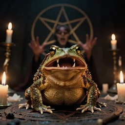 a toad with sharp teeth grinning maniacally, a satanic ritual with candles and a pentagram, movie screenshot directed by David Fincher, and cinematography by Roger Deakins. Shot from a low angle. Cinematic. 24mm lens, 35mm film, Fujifilm Reala, f8