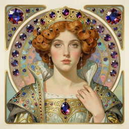 portrait, artwork by james jean, hyperdetailed realistic lithograph, beautiful medieval queen, jean delville, art nouveau, alexandrite, symbolist, visionary, william morris