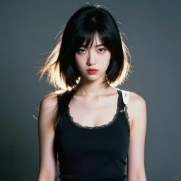 a good fashion model studio backlit portrait of sombre anime girl, painting by andy warhol