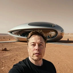 Elon musk selfie with futuristic house on mars