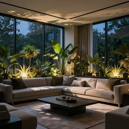 photorealisitic modern livingroom with plants beautifully lit and night light through windows