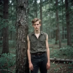 “old photo of slender man in the woods, 1956”