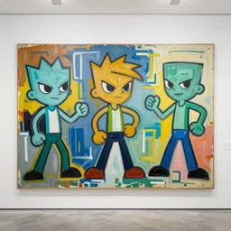 a 1 9 8 8 basquiat painting of aqua teen hunger force, baghoomian gallery, painterly, large painting