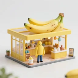 Miniature of a Banana-Man, Fine Production Photo of a Store site, 4K.