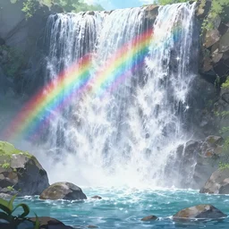 anime - style illustration of waterfall cascading onto rocks, small rainbow emerging in background, ethereal, beautiful scenery, intricately meticulously detailed, amazing, glitter, 8 k render octane high definition