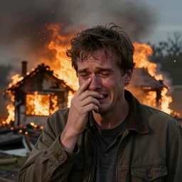 Photo, A man crying because his house has burned down.