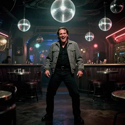 the full - body shot of laughing unkempt drunkard brawler joaquin phoenix with sideburns worn in grey jacket in steampunk disco bar, still shot from withnail & i movie with cinematography of christopher doyle, frostpunk, dishonored, neon light, discoball light, anamorphic, optical flares, low contrast kodak film, sharp focus, 8 k