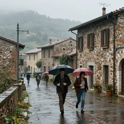 prople running under heavy rain in an old italian village, phitorealistic, soft light, cinematic