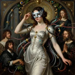 the masked cyborg queen, elegant, fashion, vogue poses, striking composition, highly detailed ornate sci fi background, vivid details, amalgamation of nature and technology, wires, glowing tubes, beautiful composition, painting in the style of sandro botticelli, caravaggio, albrecth durer, 8k