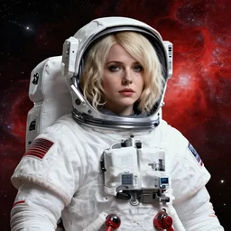 highly detailed portrait of a hopeless pretty astronaut lady with a wavy blonde hair, by dustin nguyen, akihiko yoshida, greg tocchini, greg rutkowski, by kaethe butcher, 4 k resolution, nier : automata inspired, bravely default inspired, vibrant but dreary but upflifting red, black and white color scheme!!! ( ( space nebula background ) )