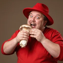 a fat italian man wearing red clothes and a red hat getting crazy eating big mushrooms