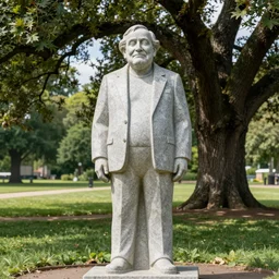 robin williams, granite statue, sad smile, standing in the park under a spreading oak tree, sun, summer, realism, 8 k detail