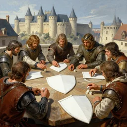 medieval people playing dieces in city of carcassonne, there are several white shields on the same table they are using to play dices by stanley artgerm lau, wlop, rossdraws, frank frazetta, andrei riabovitchev, marc simonetti, tranding on artstation