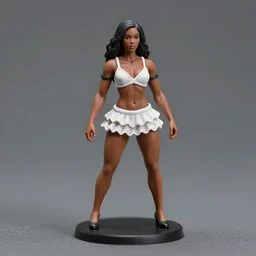 Product Introduction Photos, 4K, Full body, 80mm resin detailed miniature of a Muscular Black Woman in white and lacy ruffled mini-skirt