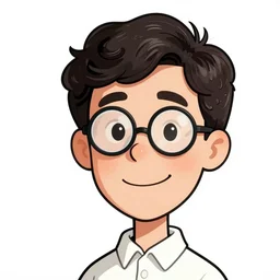 a man with glasses and dark short curly hair smiling, illustration in the style of dr. suess
