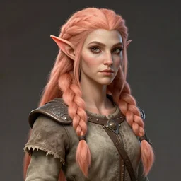 female firbolg dungeons and dragons with long braided peach color hair, wearing an old tunic, d & d digital character illustration, artstation trending female illustration, intricate, sharp focus, highly detailed, digital painting, matte, character art by prywinko art, amazing art of aloy horizon zero dawn, studio quality, masterpiece