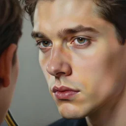 beautiful lifelike studio close - up painting of ( ( the man in the mirror ) ). perfectly shaded detailed face, very very intricate, trending on artstation, greg rutkowski, hyper detailed, 4 k, high quality, smooth, sharp focus