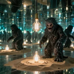 infinity room with mirrors, sand, lightbulb, monster, scary, 4 k