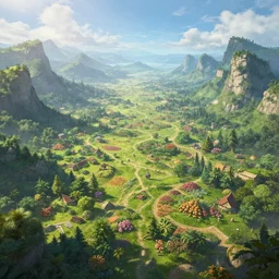 A highly detailed 4K fantasy matte painting of a large, beautiful, idyllic and fruitful land, with mountains in it, Craig Mullins, ArtStation, CGSociety, Unreal Engine