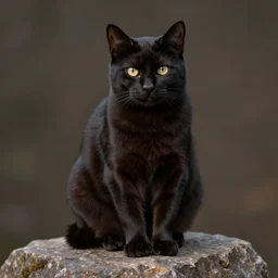 full body portrait of a black cat with dull fur seated con a rock, very detailed fur, beautiful lighting, digital art, intricate details, trending on artstation, art by greg rutkowski, artgem