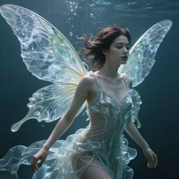 prompt portrait of a close up beautiful female fairy, translucent silky dress, fluid simulation, underwater ink env, wispy gigantic wings , intricate details, by Peter Mohrbacher, trending on artstation