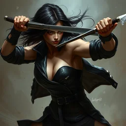 an action photo of a black haired woman in a black leather jacket in a swordfight, muscular upper body, abs, d & d, fantasy, intricate, elegant, highly detailed, digital painting, artstation, concept art, smooth, sharp focus, illustration, art by artgerm and greg rutkowski and alphonse mucha