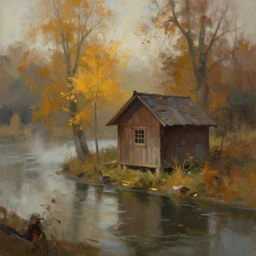 painted by ismail inceoglu, this is a false dream. on the bank of the seine river in autumn, there is a wooden hut with picturesque scenery, gloomy atmosphere, fantasy, warm and lonely, mist, atmospheric light, trending on artstation, large strokes, digital painting
