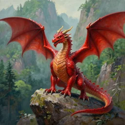 a realistic painting of a red dragon standing on a rock with forest covered mountains in the background, artstation
