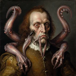 gross monster male ugly disgusting renaissance with bugs and squid arms on face portrait painting