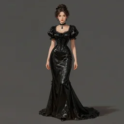 Pretty victorian woman in a black shiny dress, fullbody portrait, character concept art