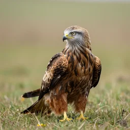 realistic, photograph of a red kite bird standing in a field, 4 k, hd, nature photography, telephoto, wildlife photography