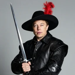 photo of elon musk as a musketeer, he has a big black hat with a red feather, he is holding a shiny rapier sword and he is looking straight to the camera, gray background, studio lighting, 4 k, 8 k