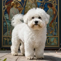 a completely white coton de tulear dog. masterful, detailed. vivid colors, artstation, by jeremy mann, by alphonse mucha