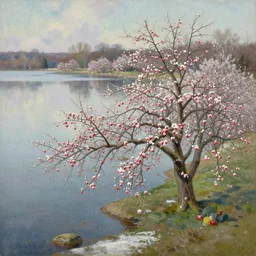 apple trees on the shore of a large lake in winter, extremely detailed oil painting, rhads, sargent and leyendecker, savrasov levitan polenov, bruce pennington, studio ghibli, tim hildebrandt, digital art, landscape painting, trending on artstation, masterpiece
