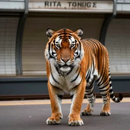 A tiger (Panthera Tigris) in the Paris metro. Digital art, vibrant colors, high resolution