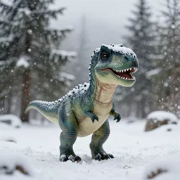 a cute t-rex standing in a snowstorm, with pines behind him
