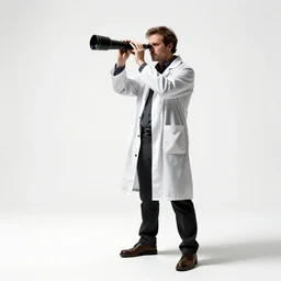 fierce astronomer with telescope, cinematic studio photo, full body, standing, isolated on a pure white background, centered, whole figure in frame, sharp focus, studio lighting