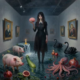painting of a flooded art gallery at night, a tall emo girl holding an electrical brain, nightmare, incubus, candles, art gallery interior, pigs, courgette, waterfall, pomegranates, octopus, zen, liminal space, black swans, berries, surrealist, by magritte and monet