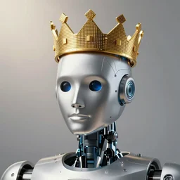 a poster of a silver robot android head with a crown made of golden microchips on his head, an album cover by japanese rock band nautilus pompilius, reddit contest winner, antipodeans, antichrist, official art, artwork
