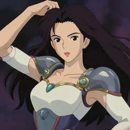 close-up portrait of a beautiful Korean Luxurious Goddess wearing an elegant futuristic outfit posing dramatically in the art style of Hayao Miyazaki, rule of thirds, fair complexity, 4k quality