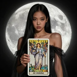 jossi of blackpink, goddess of the moon, tarot card, highly detailed, digital painting, smooth, sharp focus, illustration, ultra realistic, 8 k, art by artgerm and alphonse mucha