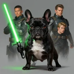 character concept portrait, black french bulldog holding a green lightsaber. in the style digital painting, concept art, smooth, sharp focus, illustration, from metal gear, by ruan jia and mandy jurgens and william - adolphe bouguereau, artgerm