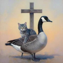 painting of cross between cat & canadian goose, intercrossed animal, by arne olav gurvin fredriksen, by zdzislaw beksinski, by tiffany bozic, by corine perier, amazing details, cold hue's, warm tone gradient background, concept art, beautiful composition, digital painting